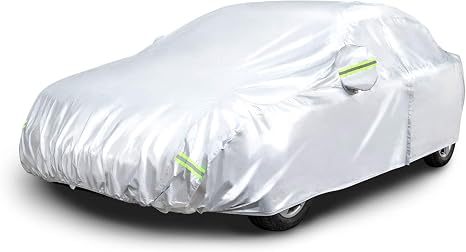 Amazon Basics Silver Weatherproof Car Cover, 150D Oxford, UV Protection, Snow Protection, Dustproof, Sedans up to 180", 