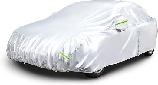 Amazon Basics Silver Weatherproof Car Cover, 150D Oxford, UV Protection, Snow Protection, Dustproof, Sedans up to 180", 
