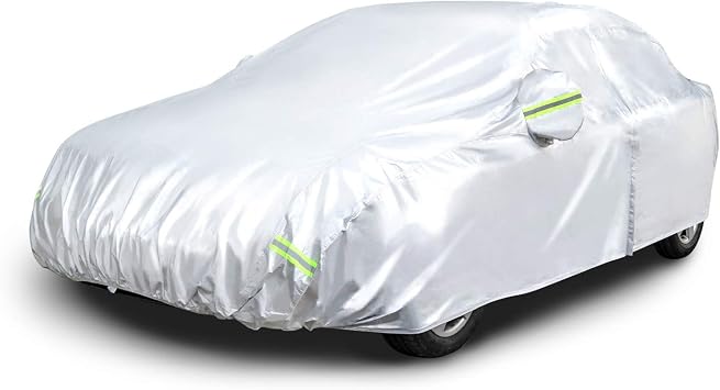 Amazon Basics Silver Weatherproof Car Cover, 150D Oxford, UV Protection, Snow Protection, Dustproof, Sedans up to 180", 