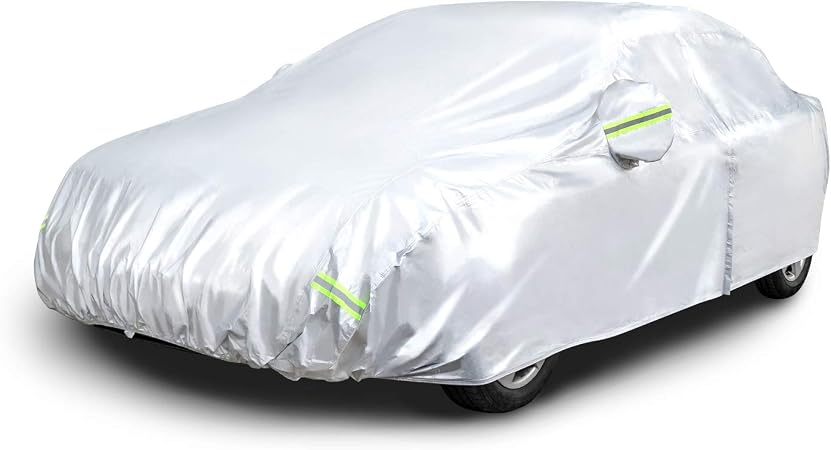 Amazon Basics Silver Weatherproof Car Cover, 150D Oxford, UV Protection, Snow Protection, Dustproof, Sedans up to 180", 