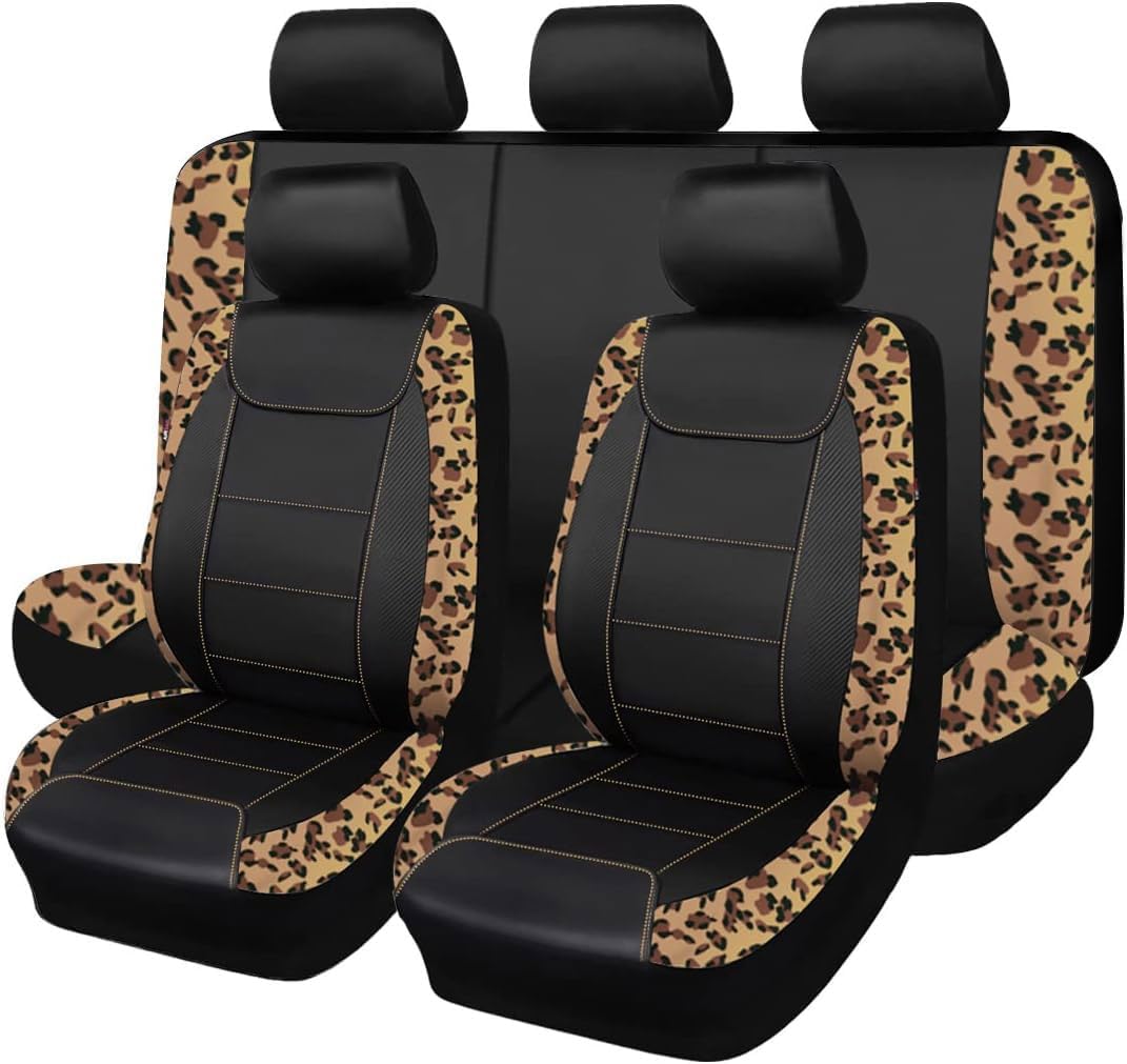 Car seat Covers Protects Leopard Printing Velvet Faux Leather Carbon Fiber Front and Rear Bench (Leopard Brown Black, Full Set - 8PCS)