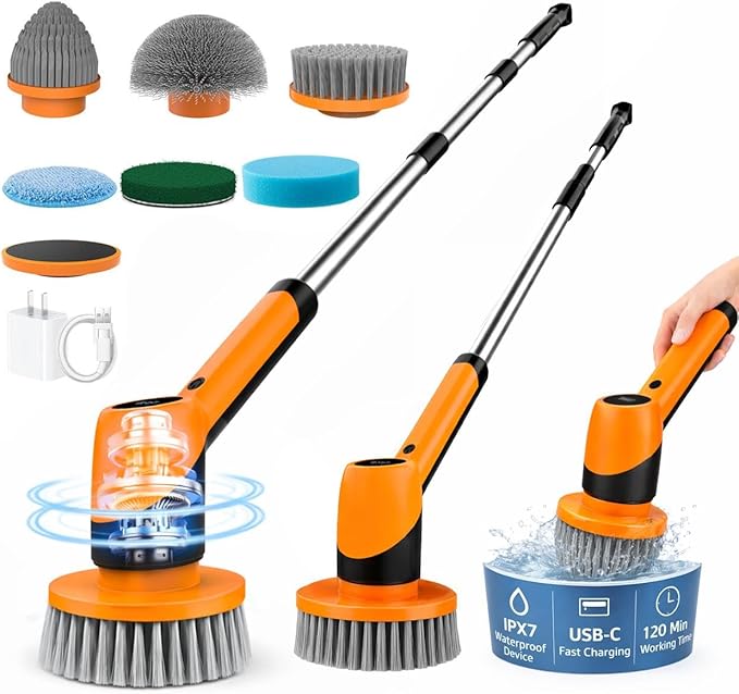Electric Spin Scrubber for Bathroom - Cordless Brush Scrubber for Cleaning- IPX7 Shower Scrubber - 7 in 1 Electric Cleaning Brush & Retractable Handle - 2-Speed Adjustable Shower Cleaner for Bathroom