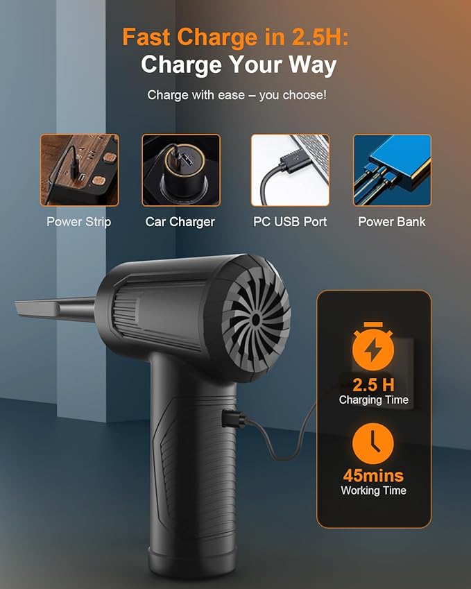 11-in-1 Compressed Air Duster-3-Gear Adjustable 120000 RPM Electric Air Duster with LED Light, Reusable no Canned Keyboard Cleaner for Office, 9000mAh Cordless Air Duster for Computer/Car/Home (Black)