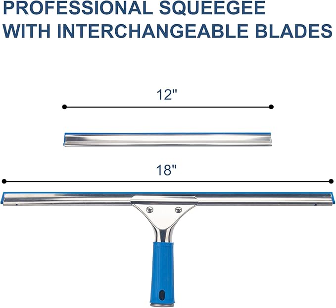 Professional Squeegee for Window Cleaning, 18” Window Squeegee for Shower Glass Door, Stainless Steel Rubber Squeegee Includes 12” Replacement Blades