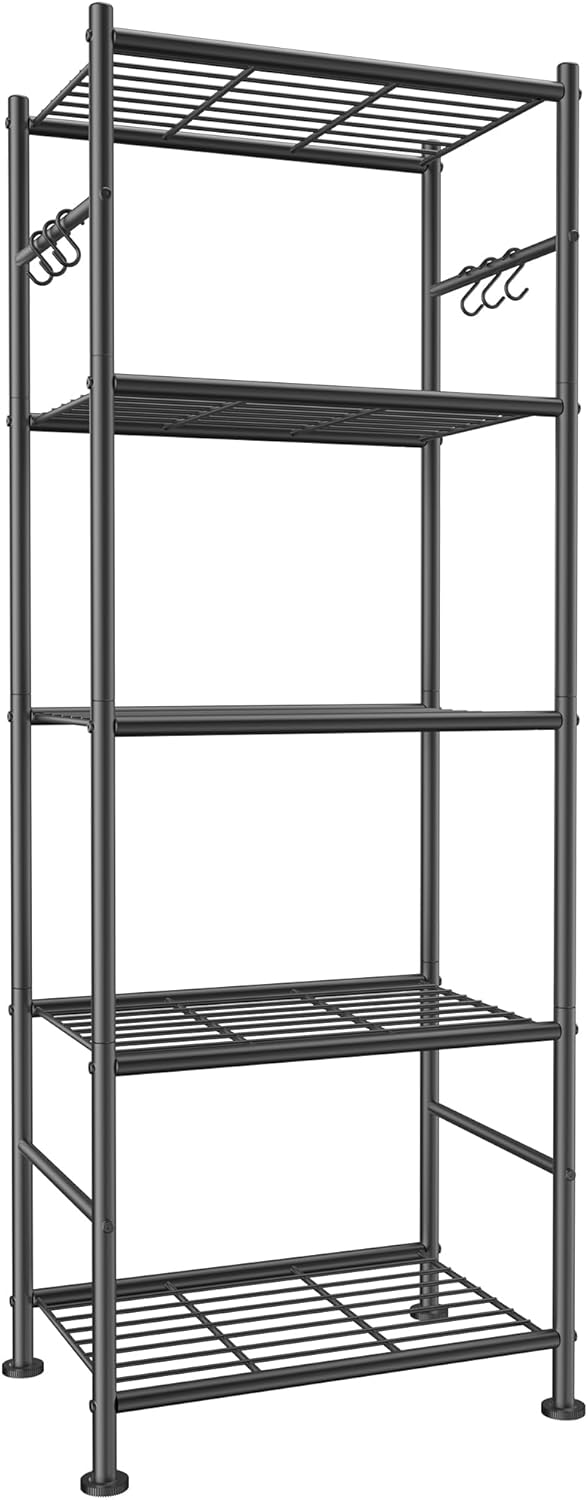 5-Tier Storage Shelves with Hooks, 18.1" x 12.4" x 56.8", Black