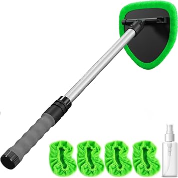 Windshield Cleaner Tool with Extendable Aluminum Handle (Up to 19.7"), Streak-Free Auto Glass Cleaning Kit with 4 Thick 