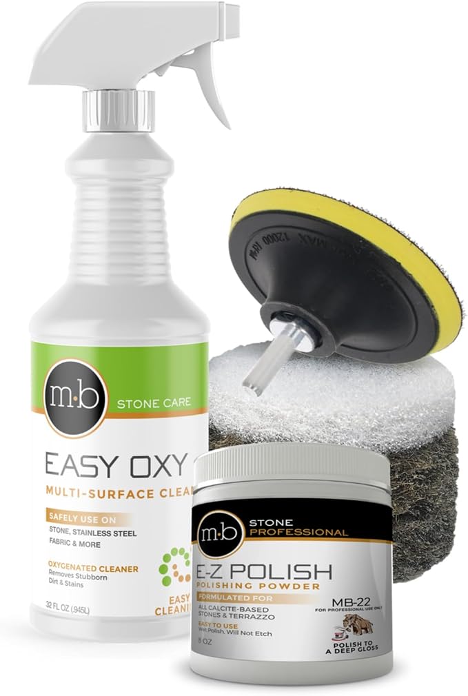 MB Stone Care MB-22 Marble Polish and Countertop Polishing Kit - Cleaner and Polish Powder for Calcite based stones Marb