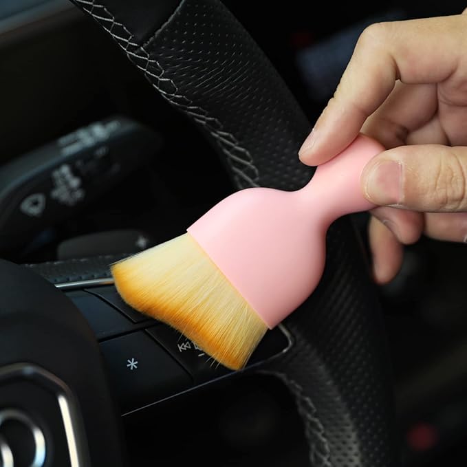 AOCISKA Car Interior Detailing Brush,Soft Bristle Cleaning Brush Car Detailing Brush Dusting Brush,Car Interior Cleaning Tool,Auto Detail Brush Car Dash Duster Brush (Pink with Cap)