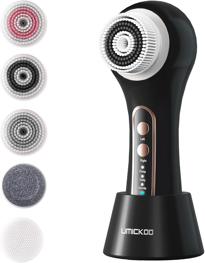 UMICKOO Electric Facial Cleansing Brush, 2-Way Rotating Face Scrubber for Daily & Deep Cleaning, 3 Modes, 5 Brush Heads, Rechargeable, IPX7 Waterproof for All Skin Types
