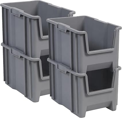 Akro-Mils Stak-N-Store Stackable Storage Bins, 17.5"x11"x12.5", Grey, 4-Pk