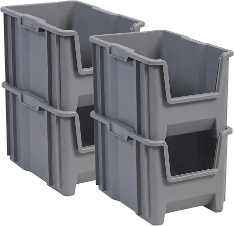 Akro-Mils Stak-N-Store Stackable Storage Bins, 17.5"x11"x12.5", Grey, 4-Pk