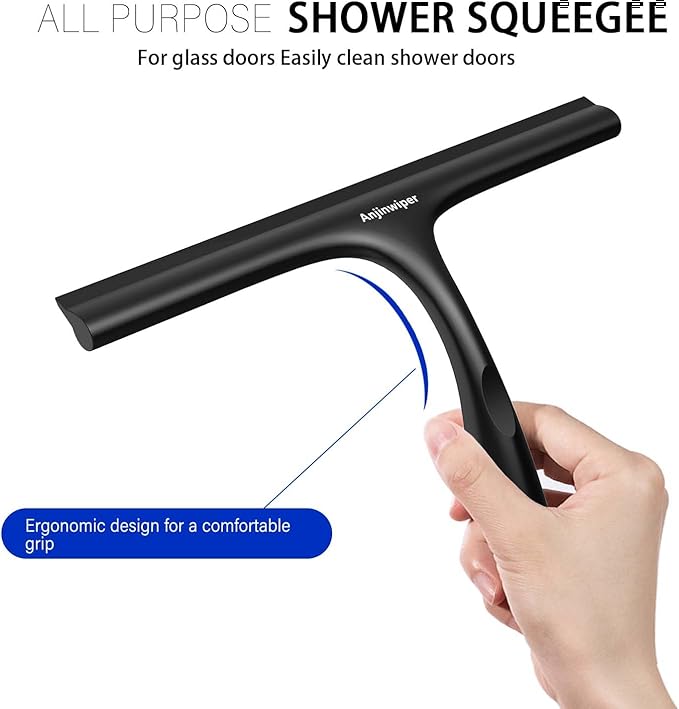 Shower Squeegee for Glass Doors with Adhesive Hook, Window Squeegee for Shower Glass, Cleaning Tile Wall, Bathroom Cleaner Tool Household Silicone Squeegee(10 inch-Black)