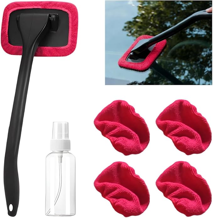 Car Windshield Cleaning Tool, Microfiber Vehicle Window Cleaner with 5 Washable Reusable Cloth Pad & 1 Spray Bottle, Automotive Glass Wiper Cleaning Kit Accessories, Universal Fit (Red)