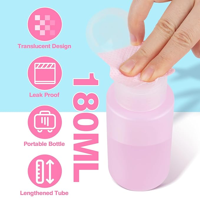 400PCS Lint Free Nail Wipes with Acetone Pump Dispenser, Pink Nail Polish Remover Pads with Dispenser, Eyelash Glue Cleaning Wipe with 180ML Alcohol&Acetone and Polish Remover Pump Bottle Kit