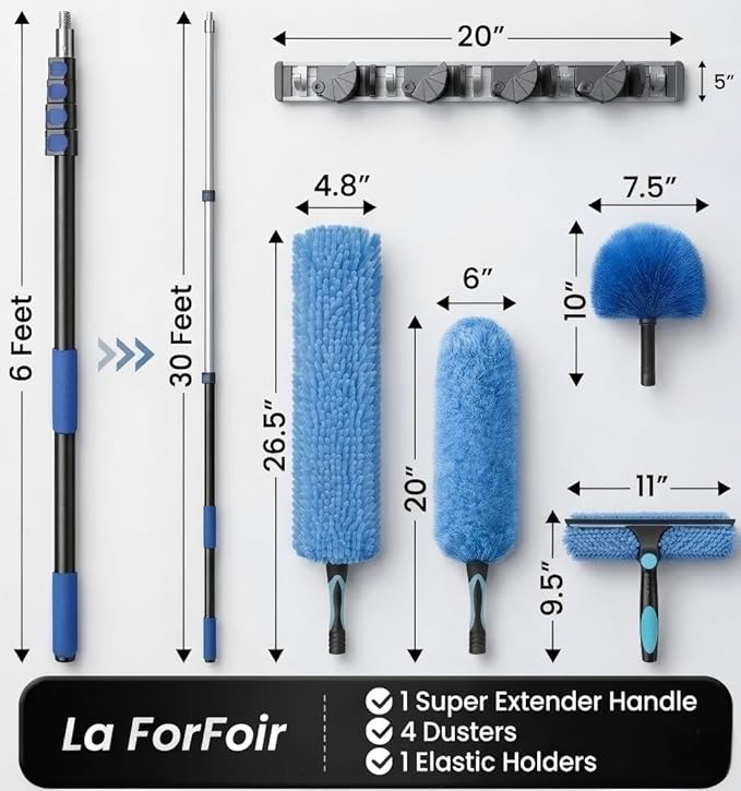 36ft High Ceiling Duster Kits with 5-30ft Heavy Duty Extension Pole - Fan Blade Cleaner, Cobweb Remover & Blue Window Squeegee Kit, Washable Dust Brush for High Roof and Glass Surfaces