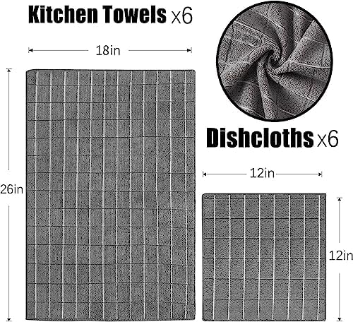 Microfiber Kitchen Towels and Dishcloths Set, 26 X 18 Inch and 12 X 12 Inch, Set of 12 Bulk Lint Free Dish Towels for Drying Dishes, Grey