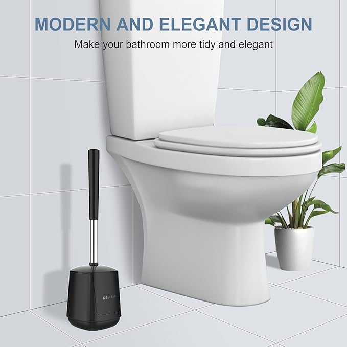 SetSail Toilet Brush and Holder 3 Pack, Self Closing Lid Toilet Bowl Brushes Holder Extra Long Handle Ventilated Toilet Brush Set for Bathroom Cleaning, Nylon Bristles, Black