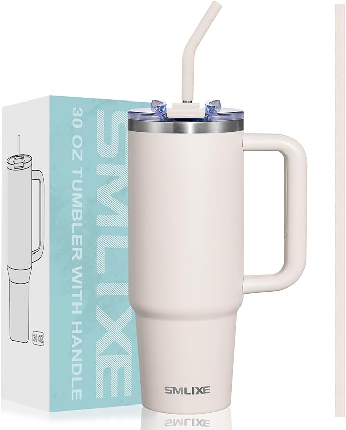 30 oz Tumbler with Handle, Tumbler with Lid and Straw, Double Wall Vacuum Insulated Travel Mug Stainless Steel Tumbler for Hot and Cold, Cupholder Friendly (Almond Birch)