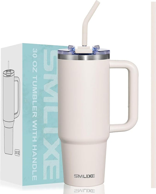 30 oz Tumbler with Handle, Tumbler with Lid and Straw, Double Wall Vacuum Insulated Travel Mug Stainless Steel Tumbler for Hot and Cold, Cupholder Friendly (Almond Birch)