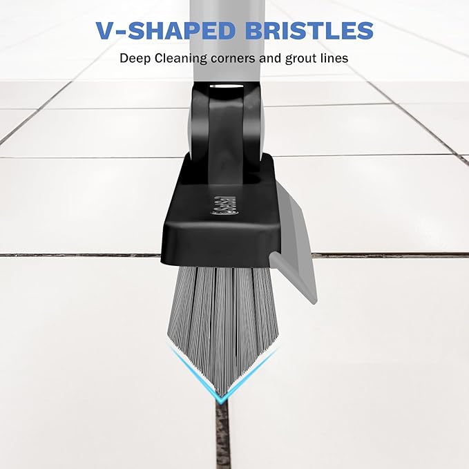 SetSail Grout Cleaner Brush with Long Handle, V-Shaped Floor Scrub Brush Swivel Grout Brush Stiff Bristle Floor Grout Scrubber for Bathroom, Tile Line, Crevice, Kitchen, Wall, Deck, Garage, Black Grey