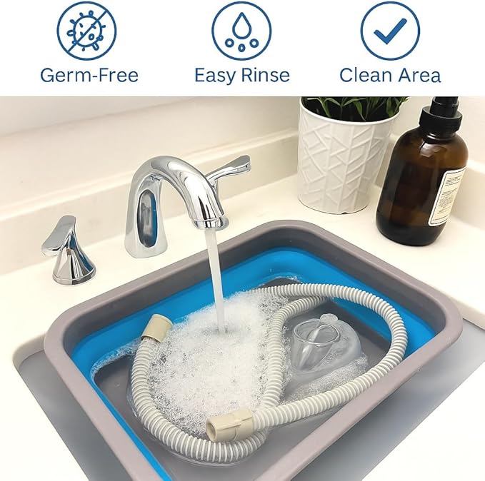 Hose and Mask for CPAP Cleaning Brush with Collapsible Wash Basin Bucket Tub - Essential Care Kit for CPAP Users, Suitable for 7 Feet Tubing and 22mm 19mm Diameter (Standard Set Basin & Brush)