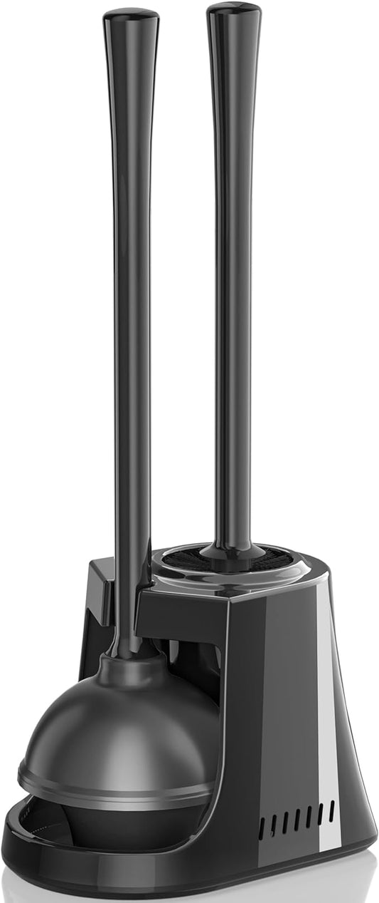 LOVLOY Toilet Plunger and Brush with Holder, Bowl Brush and Heavy Duty Toilet Plunger Set with Ventilated Holder, 2-in-1 Toilet Brush and Plunger Combo for 5.3-inch Toilet Drain New Pack (Black, 1)