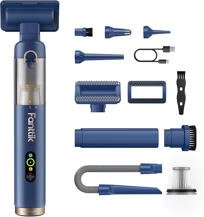 Fanttik Slim V10 APEX Cordless Car Vacuum, 4-in-1 Portable Mini Handheld Vac, 19kPa Suction Power, Upgraded Smart Digital Display, 2 Suction Modes for Small Jobs, Car, Office Desk, Keyboards (Blue)