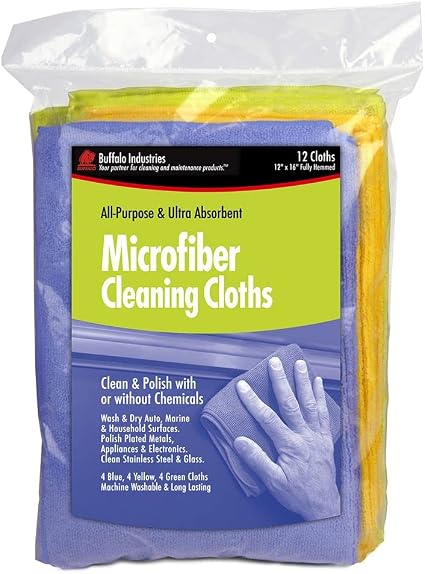Buffalo Industries (65003 12" x 16" Ultra Absorbent, Gentle Microfiber Cleaning Cloths, Pack of 12 - Ultra-Fine Fibers P