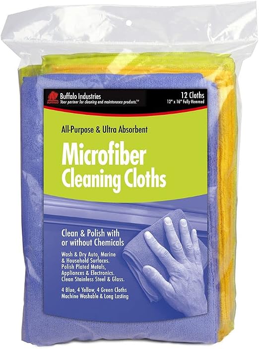 Buffalo Industries (65003 12" x 16" Ultra Absorbent, Gentle Microfiber Cleaning Cloths, Pack of 12 - Ultra-Fine Fibers P