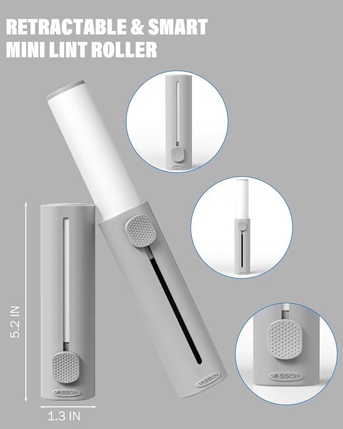 VASSON Mini Lint Roller for Pet Hair - 150 Extra Sticky Sheets Total (3 Rolls x 50) - Travel Lint Remover for Clothes, Furniture, Lint, Fuzz - Value Pack (1 Roller + 3 Refills)