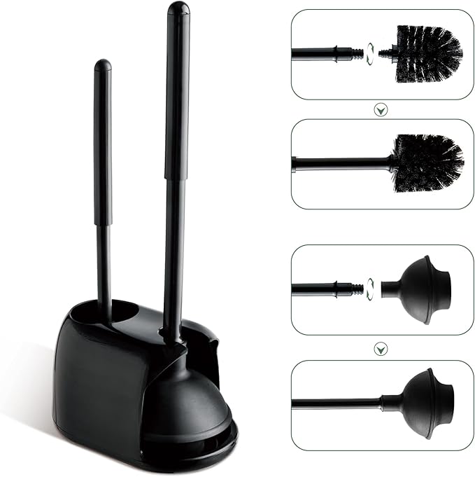 Eyliden Toilet Plunger and Brush Set | 2-in-1 Bathroom Cleaning Tools with Holder | Unclogs Toilets, Deep Cleans Bowls | Compact Caddy Stand | Nylon Bristles, Durable Plastic, Black