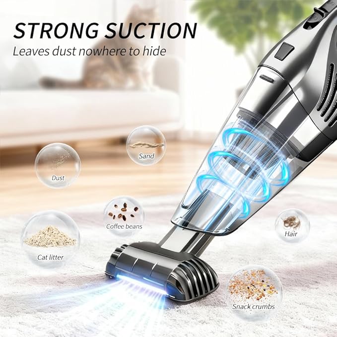 Car Vacuum Portable Cordless – 12000PA Strong Suction, Lightweight & Rechargeable – Includes Multi-Nozzle Attachments for Car, Home, Office, and Pet Hair – Compact & Powerful Grey Vacuum