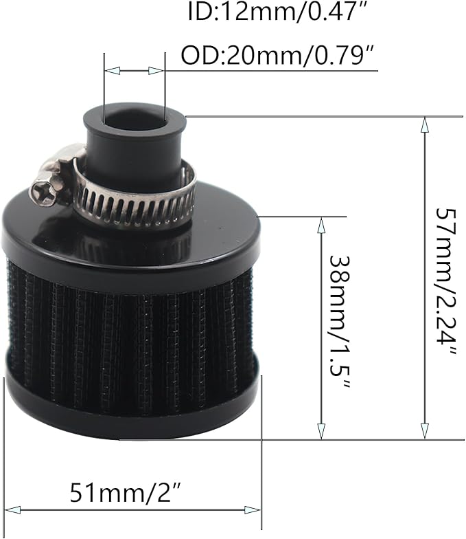 12mm Air Filter Cold Air Intake Filter Breather Turbo Vent Air Intake Filter Cleaner Black Universal for car and Motorcycle (2pcs Air Filter)