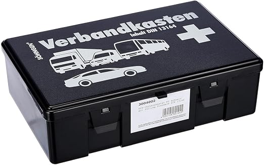 3004002 Car First Aid Box, Filled, Black, ABS Plastic Case, 260 x 160 x 80 mm