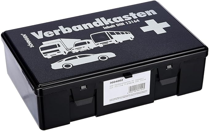 3004002 Car First Aid Box, Filled, Black, ABS Plastic Case, 260 x 160 x 80 mm