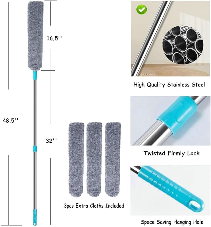 Retractable Gap Dust Cleaner Cleaning Tools with 3 Microfiber Dusting Cloths Long Handle 48.5inches Washable and Retractable Duster Brush for Cleaning Under Appliances Furniture Couch Fridge