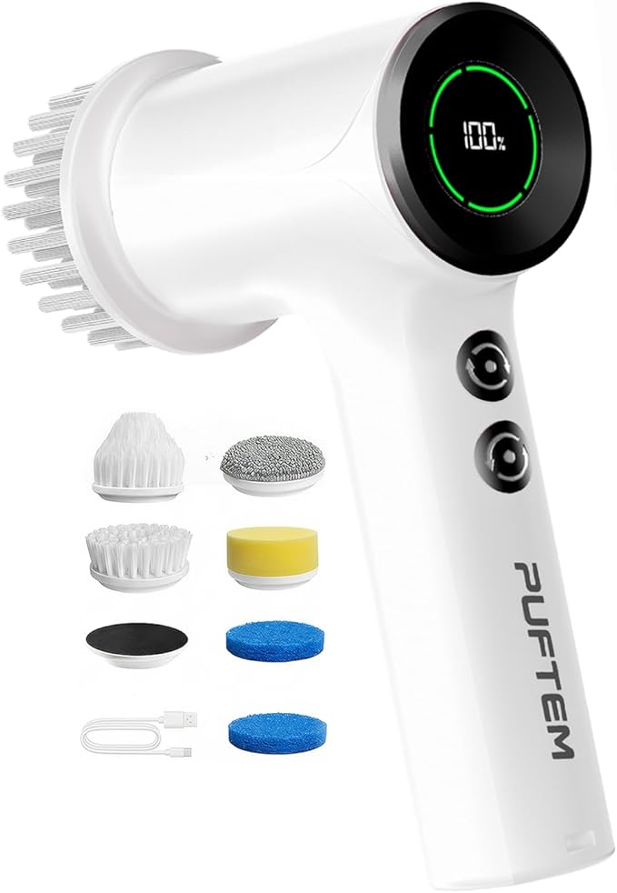 PUFTEM Electric Spin Scrubber for Bathroom Cleaning, Cordless Shower Scrubber with 6 Brush Heads, Dual-Direction Rotation, Handheld Cleaning Brush for Grout, Tile, Tub, Sink & Corners, White