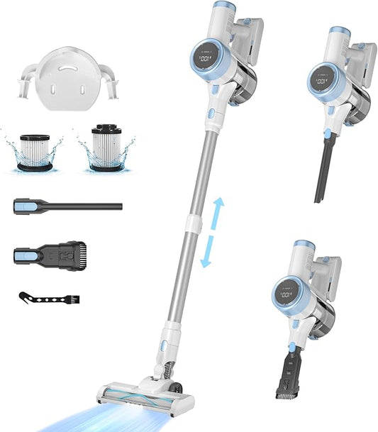 Cordless Stick Vacuum Cleaner, 45KPA Powerful Suction 50Mins Runtime, Lightweight 6-in-1 Vacuum with LED Touch Screen Anti-Tangle for Pet Hair Hard Floor Carpet Home Car
