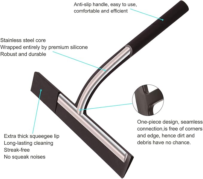 All -Purpose Silicone Shower Squeegee for Shower Glass Door with Hook, Bathroom Accessories for Window Mirror Tile Car Shower Walls,Household Shower Cleaner Tool (Black, 9 inch(1 Hook)