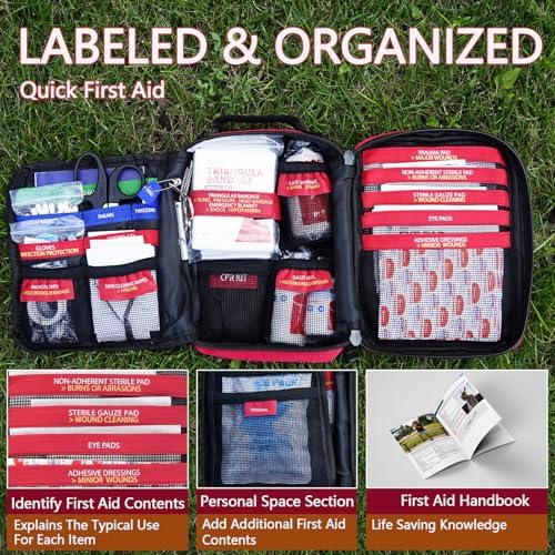 First Aid Kit, Professional Trauma First Aid Kit with Labelled Compartments Molle System for Car, Hiking, Backpacking, Camping, Traveling, and Cycling