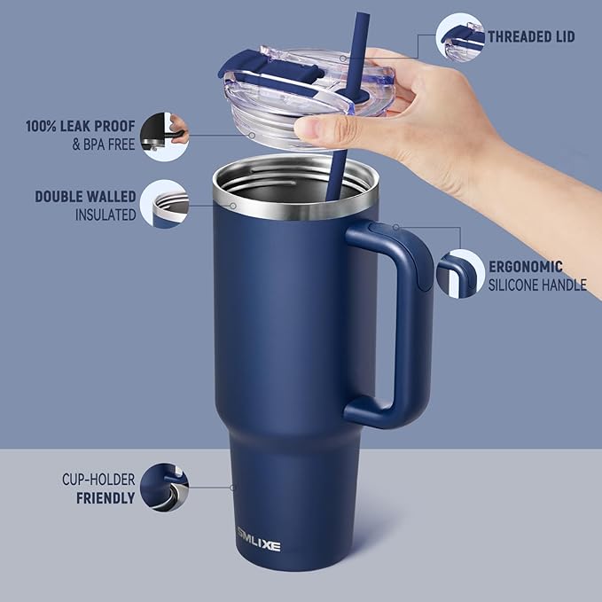 40 oz Tumbler with Handle and Straw Lid,Insulated Reusable Stainless Steel Water Bottle Travel Mug，Cupholder Friendly Double Wall Vacuum Sealed Cup (Navy)