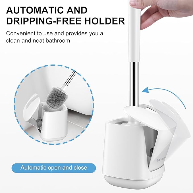 SetSail Toilet Brush 2 Pack, Self Closing Lid Toilet Bowl Brushes Holder and Extra Long Handle Ventilated Toilet Brush Set for Bathroom Cleaning, Nylon Bristles, Pure White