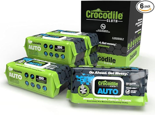 Crocodile Cloth Auto Cleaning Wipes – 600 Count (6 Packs of 100) XL 15" x 10" Heavy-Duty Car Wipes for Engine Degreaser, Detailing, Tires, Tools & DIY Projects