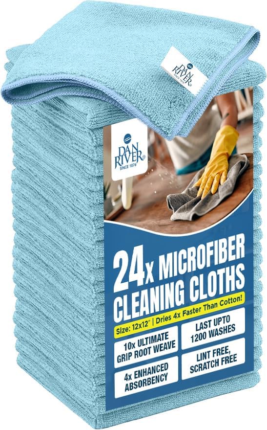 DAN RIVER 24-Pack Blue Microfiber Towels – Ultra Absorbent, Lint-Free & Streak-Free wash Cloths Kitchen for Home & Car -