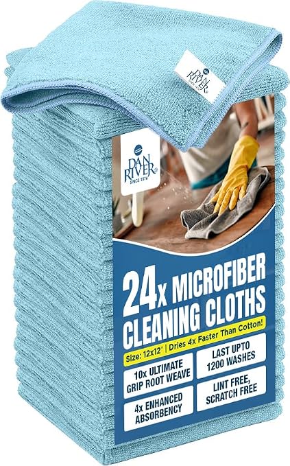 DAN RIVER 24-Pack Blue Microfiber Towels – Ultra Absorbent, Lint-Free & Streak-Free wash Cloths Kitchen for Home & Car -