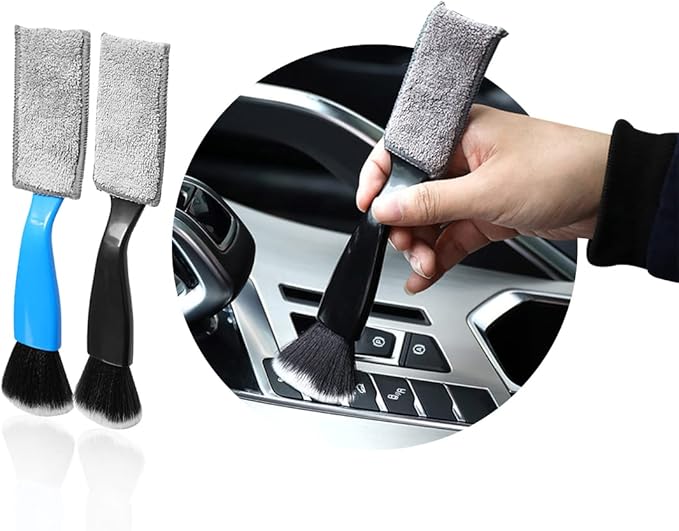 Ziciner 2 PCS Double Head Brush for Car Clean, Soft Auto Interior Duster Detailing Brushes, Universal Vehicle Dashboard Screen, Air Vents, Computer etc Cleaning Tool Accessories (Black+Blue)