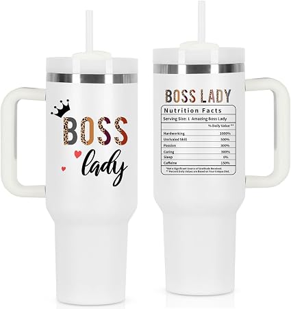 Boss Day Gift for Boss Lady, 40 oz Tumbler With Handle - Nutrition Fact Gift for Manager, Coworker, Employer, White