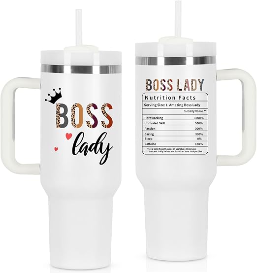 Boss Day Gift for Boss Lady, 40 oz Tumbler With Handle - Nutrition Fact Gift for Manager, Coworker, Employer, White