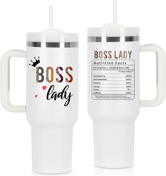 Boss Day Gift for Boss Lady, 40 oz Tumbler With Handle - Nutrition Fact Gift for Manager, Coworker, Employer, White