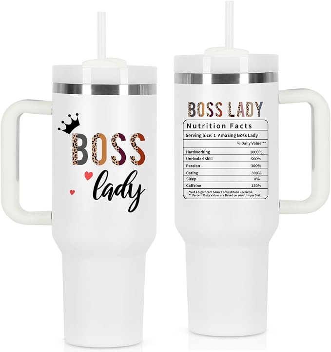 Boss Day Gift for Boss Lady, 40 oz Tumbler With Handle - Nutrition Fact Gift for Manager, Coworker, Employer, White